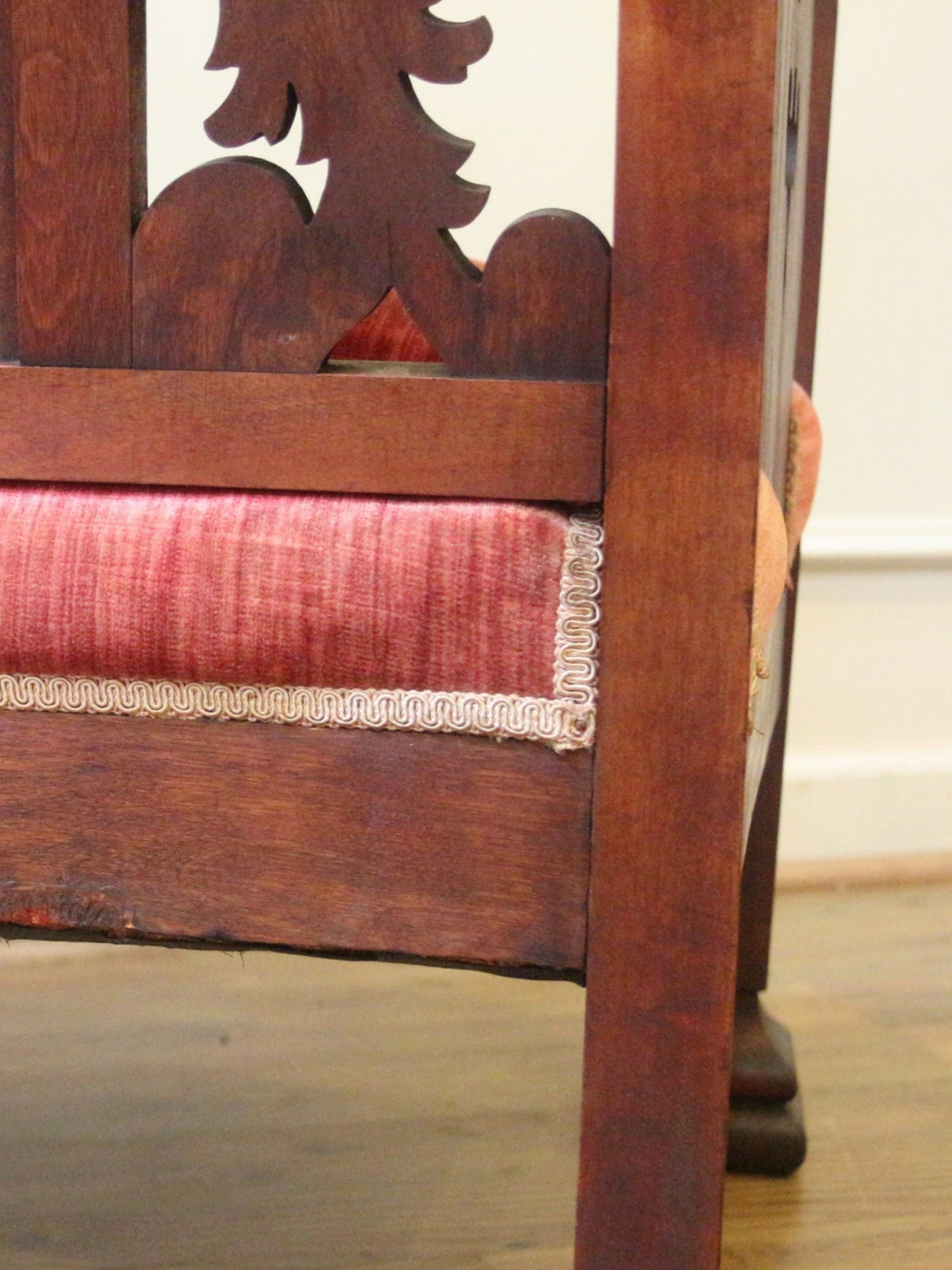 19th Century American Empire Carved Dragon Armchair with Original Red Velvet Upholstery