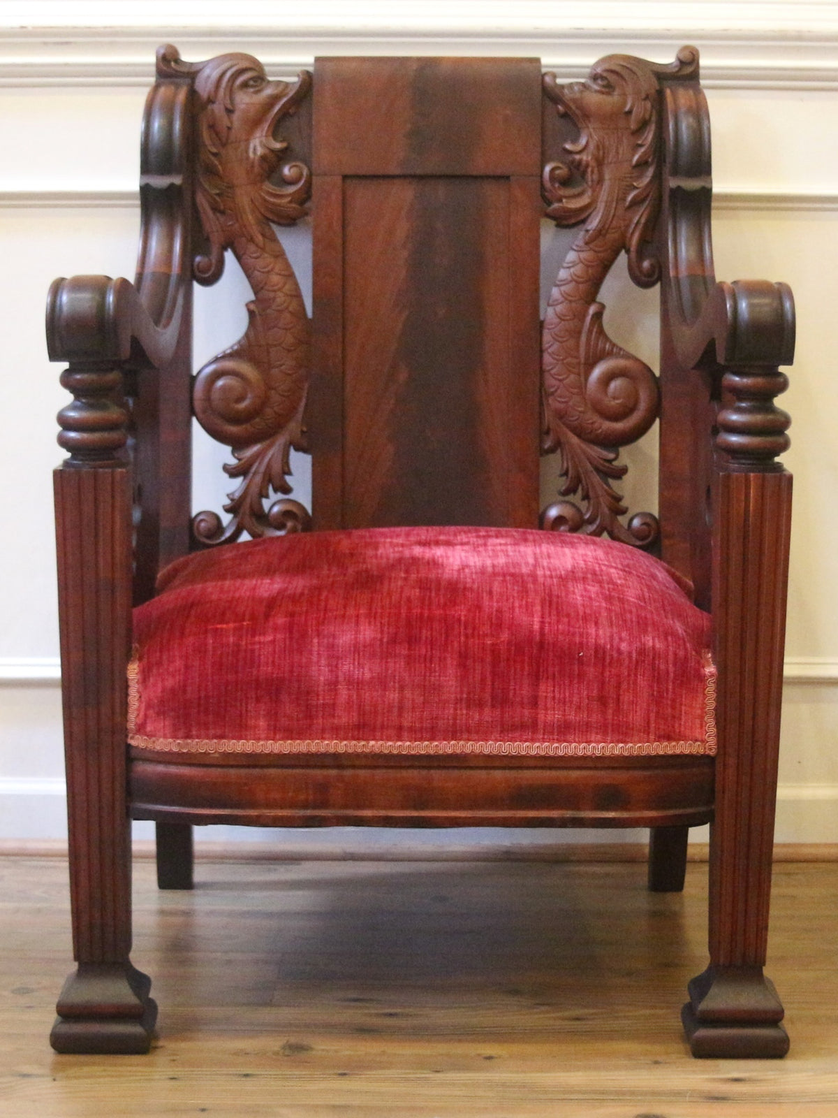 19th Century American Empire Carved Dragon Armchair with Original Red Velvet Upholstery