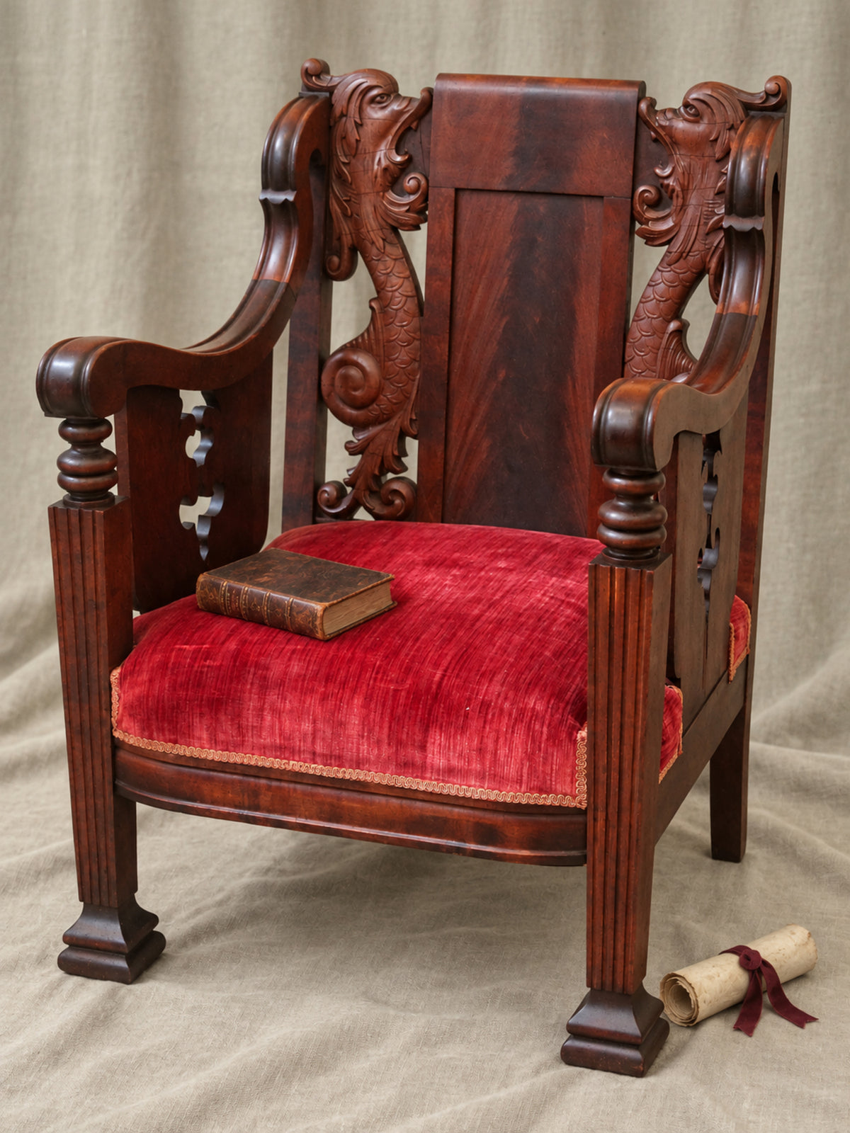 19th Century American Empire Carved Dragon Armchair with Original Red Velvet Upholstery