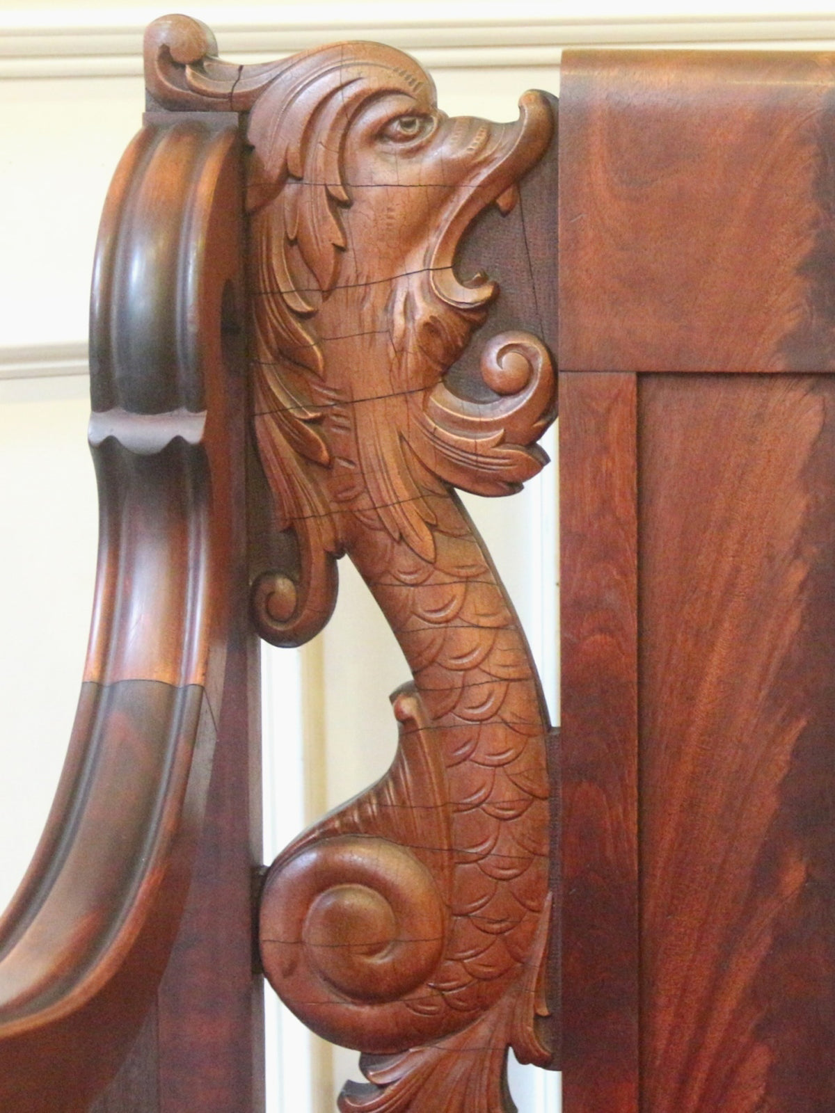 19th Century American Empire Carved Dragon Armchair with Original Red Velvet Upholstery