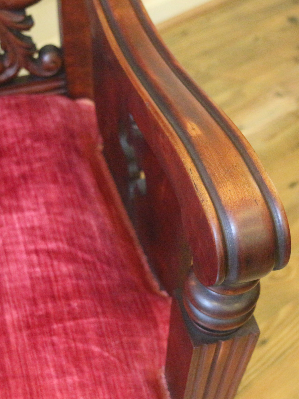 19th Century American Empire Carved Dragon Armchair with Original Red Velvet Upholstery