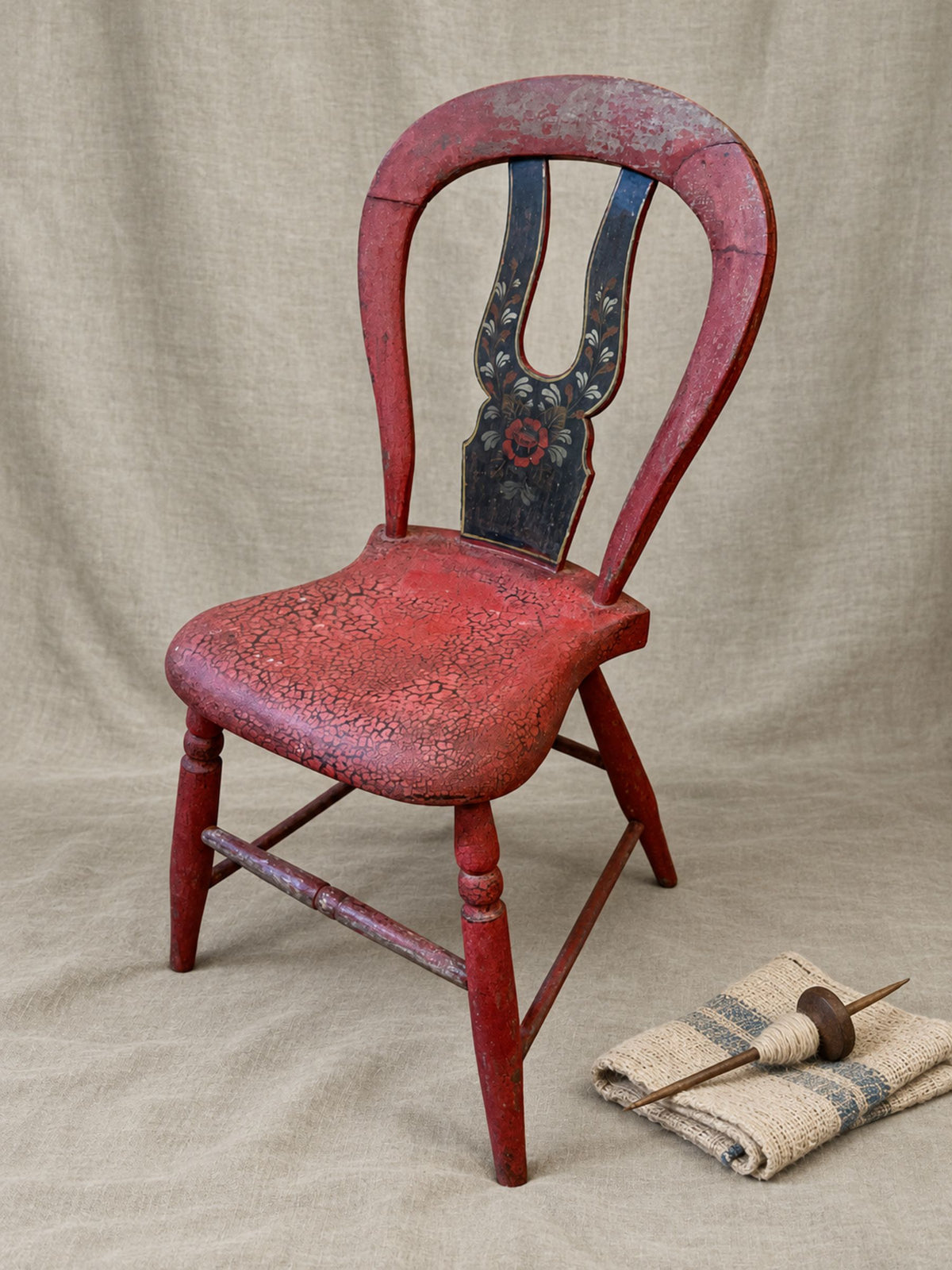 19th Century Antique Red Painted Pine Dining Chair with Folk Art Floral Stenciling