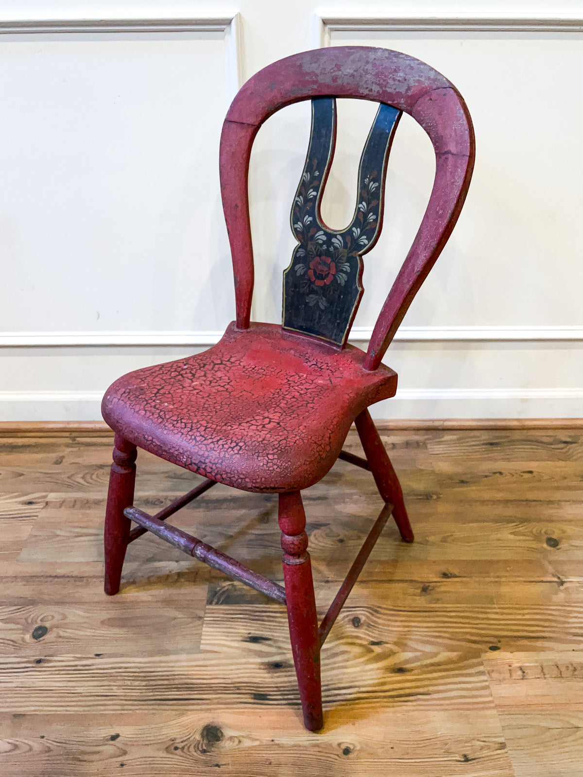 19th Century Antique Red Painted Pine Dining Chair with Folk Art Floral Stenciling