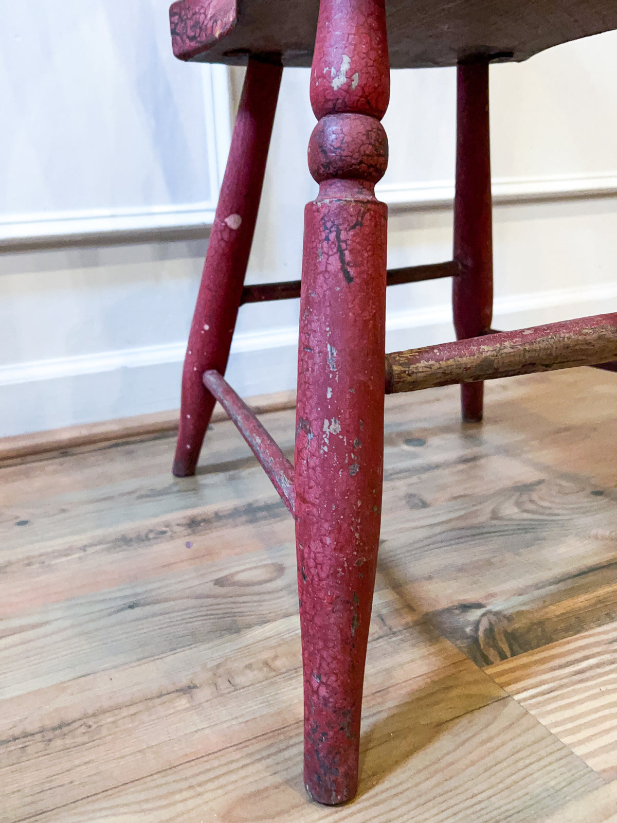 19th Century Antique Red Painted Pine Dining Chair with Folk Art Floral Stenciling