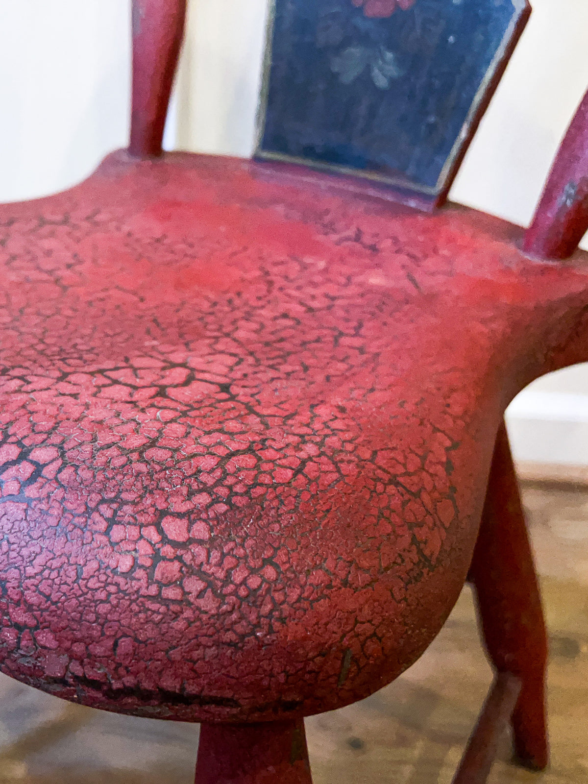19th Century Antique Red Painted Pine Dining Chair with Folk Art Floral Stenciling