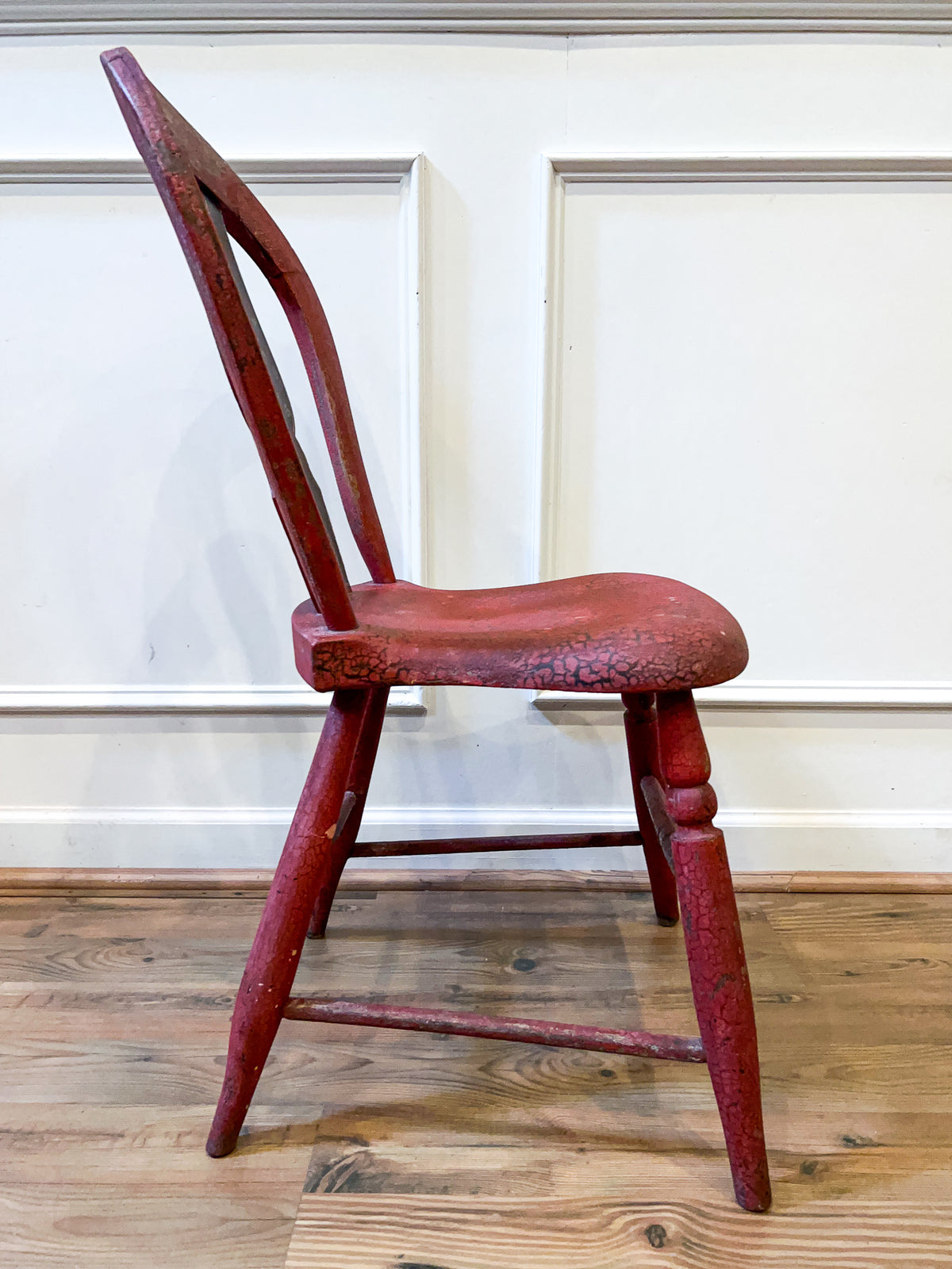 19th Century Antique Red Painted Pine Dining Chair with Folk Art Floral Stenciling