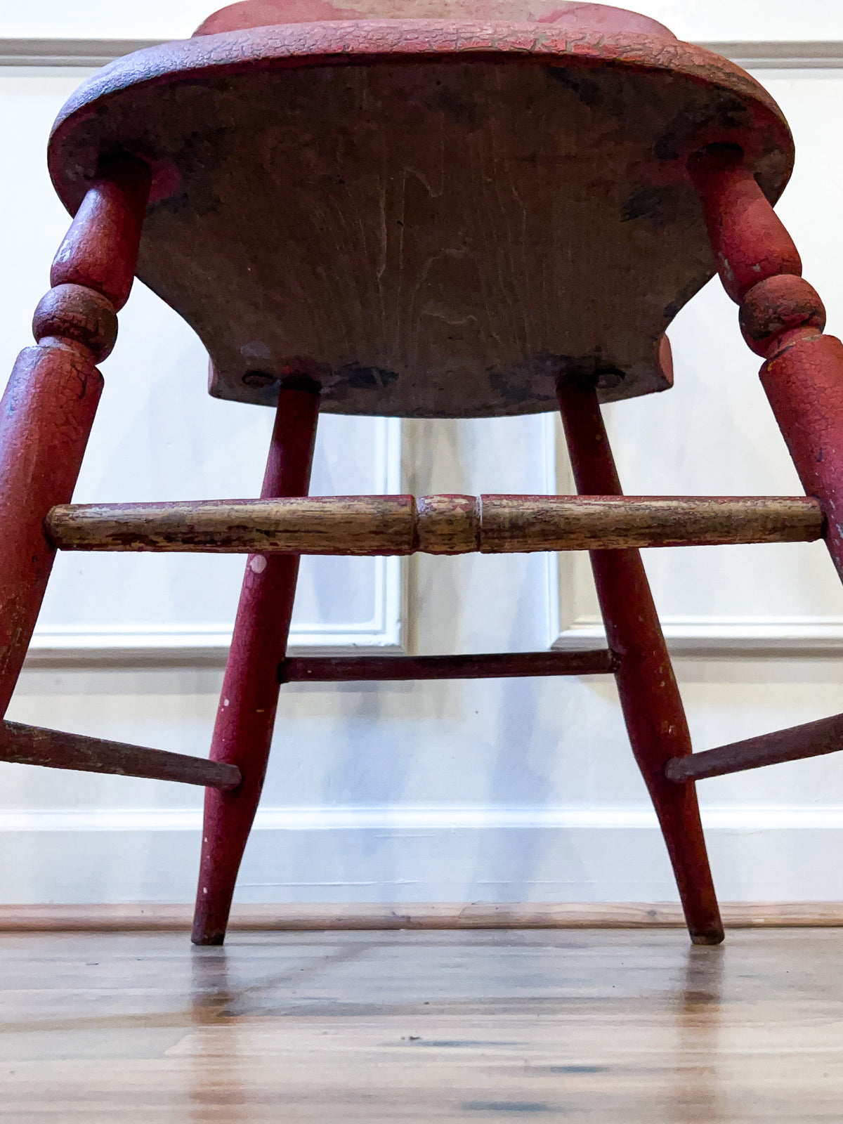 19th Century Antique Red Painted Pine Dining Chair with Folk Art Floral Stenciling