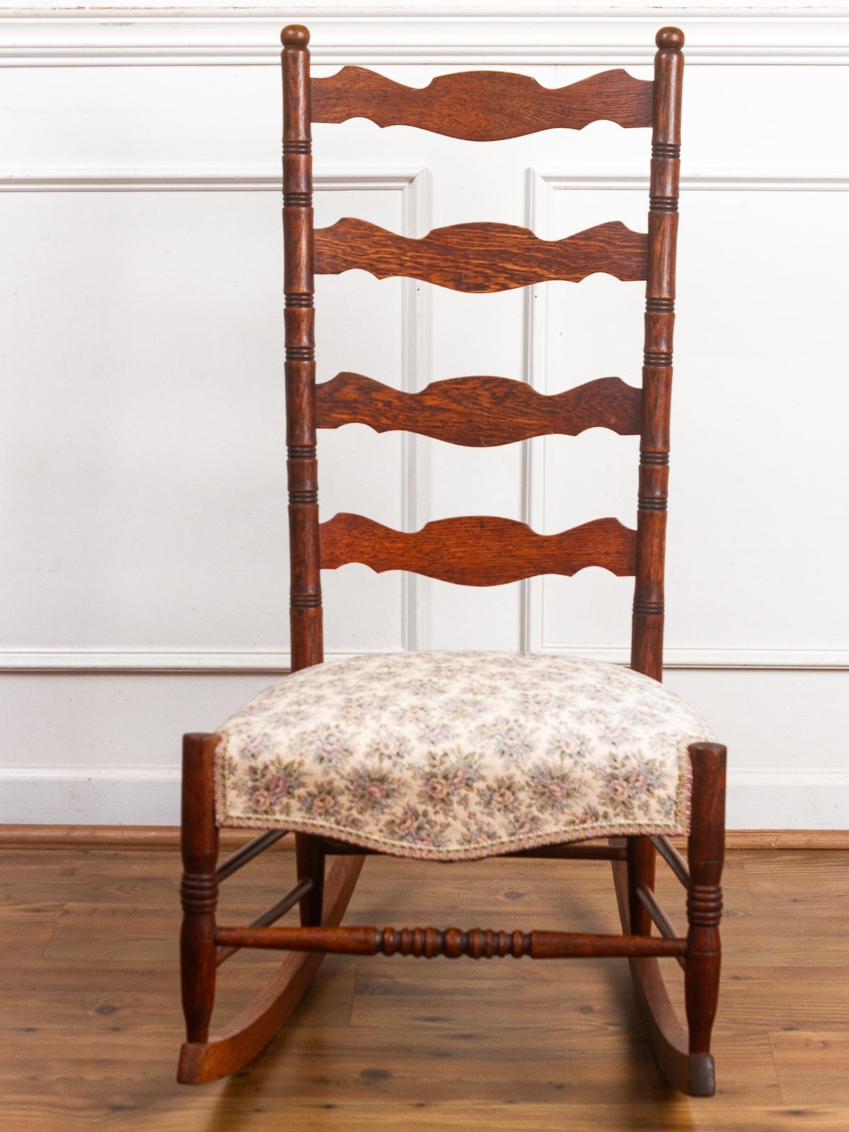 Golden Oak High Ladder Back Rocking Chair with Floral Upholstered Seat