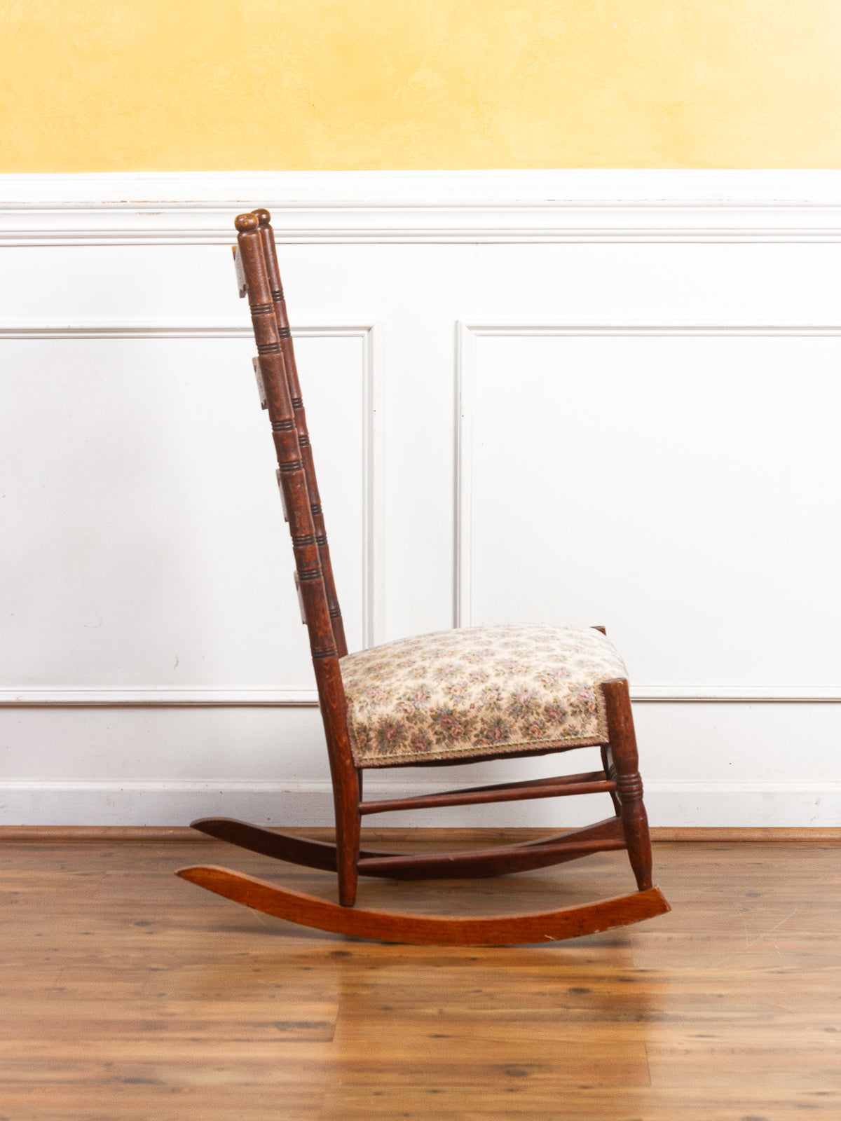 Golden Oak High Ladder Back Rocking Chair with Floral Upholstered Seat