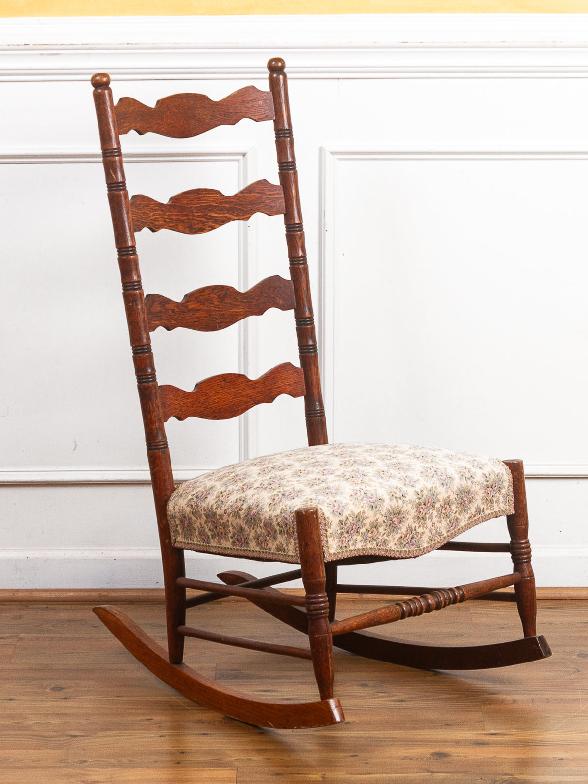 Golden Oak High Ladder Back Rocking Chair with Floral Upholstered Seat