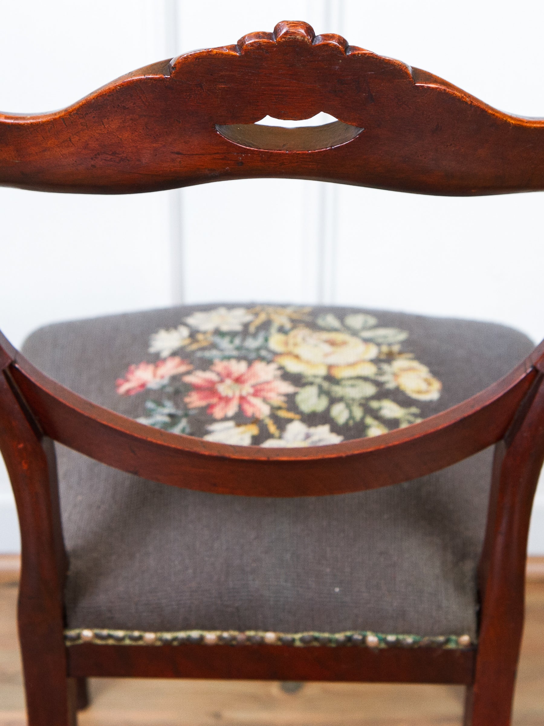 Antique Victorian Carved Walnut Side Chair With Needlepoint Seat.