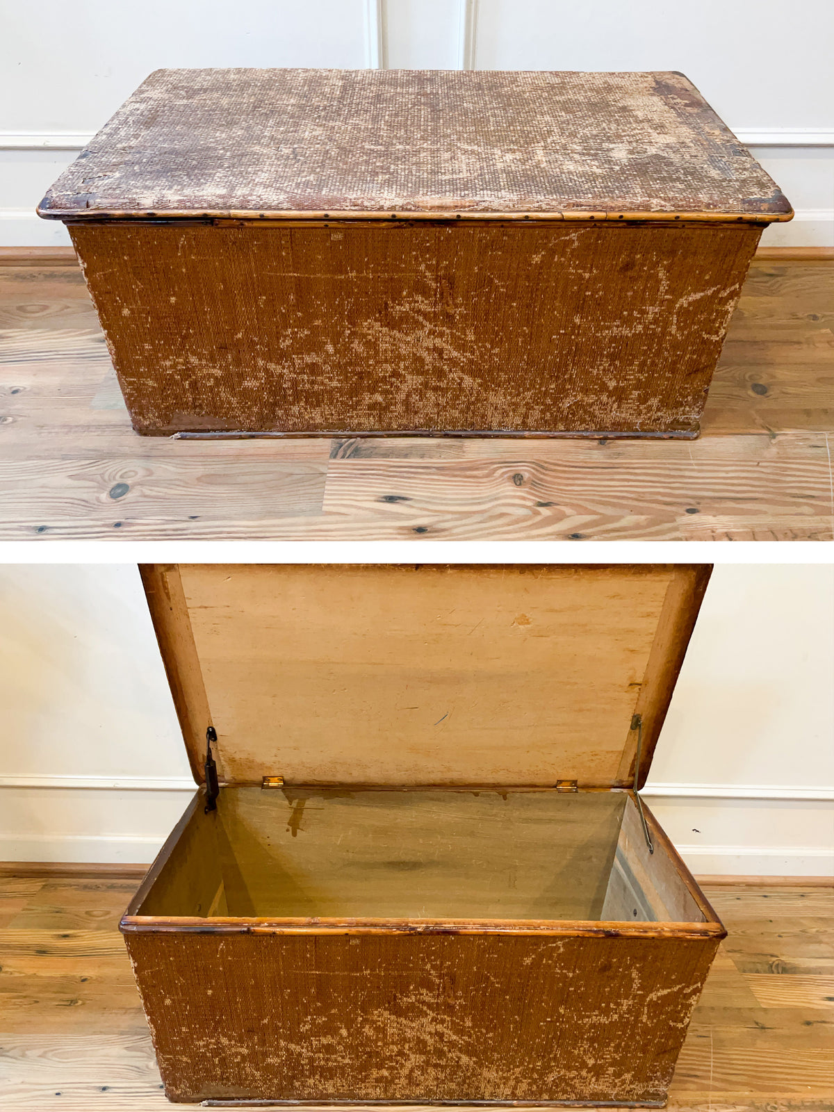 Antique 1920s Wicker-Covered Cedar Storage Chest with Bamboo Trim & Black Iron Handles