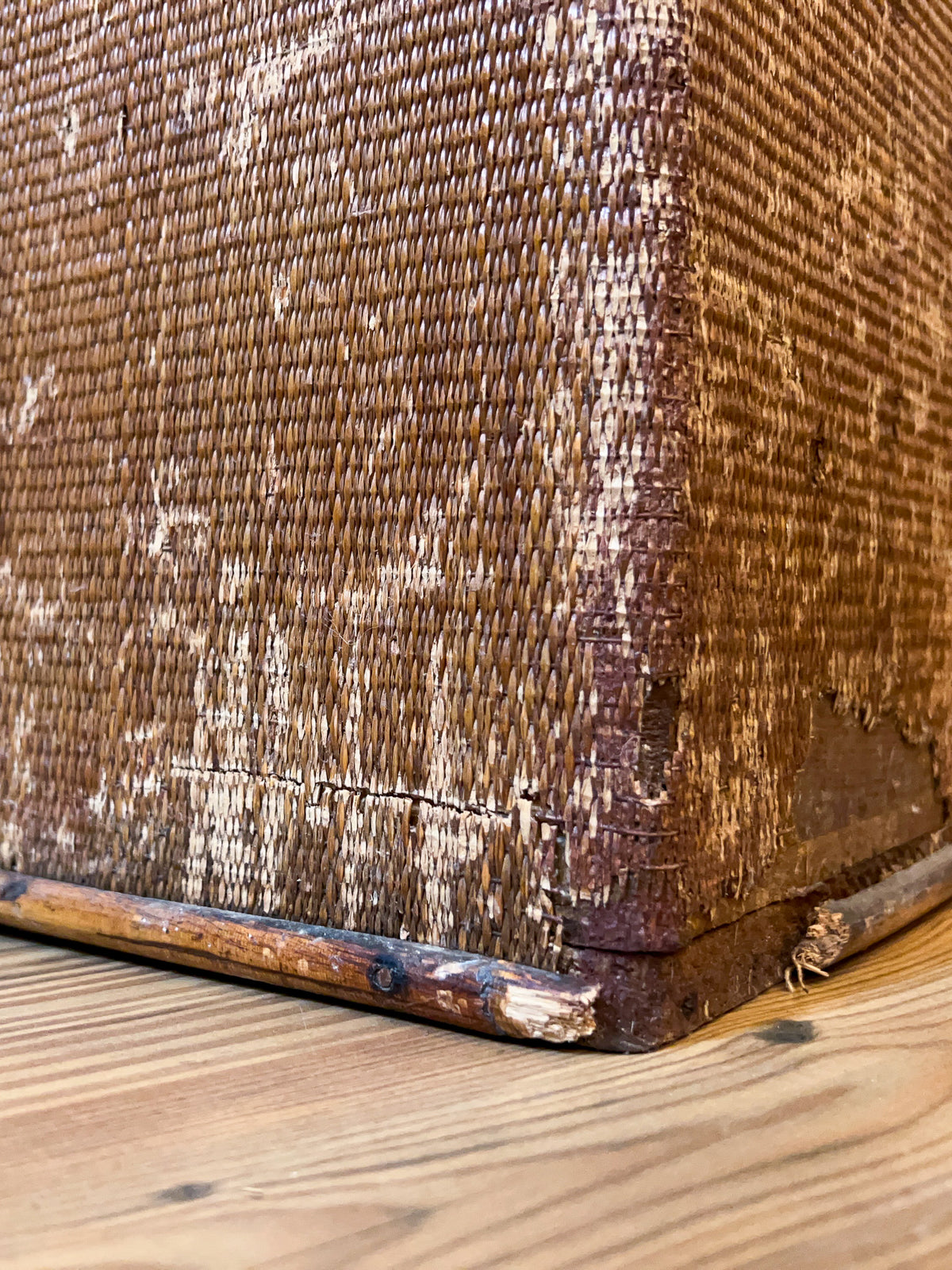 Antique 1920s Wicker-Covered Cedar Storage Chest with Bamboo Trim & Black Iron Handles
