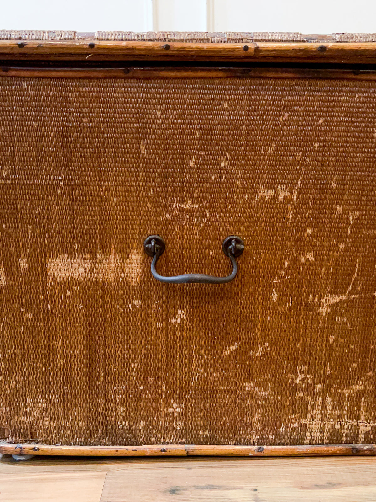 Antique 1920s Wicker-Covered Cedar Storage Chest with Bamboo Trim & Black Iron Handles
